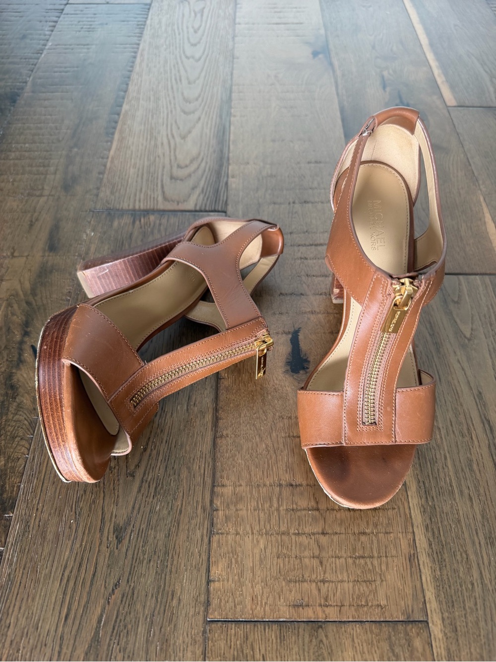 Michael Kors Cognac Leather Platform T-Strap Heels with Gold Zip